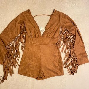 Fringe Sleeve Suede Camel Romper/Bodysuit